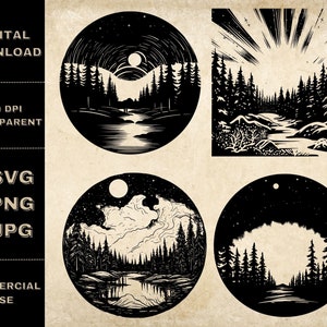 Aurora Borealis SVG Bundle, PNG, Northern Lights Clipart, Hand Drawn Landscape Vector Illustration, SVG Files For Laser Engraving