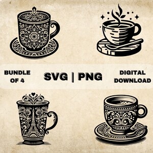 May include: A set of four black and white digital download SVG and PNG files featuring ornate coffee cup designs. The designs include a cup with a mandala pattern, a cup with a floral pattern, a cup with a steam design, and a cup with a floral pattern and a Eiffel Tower.