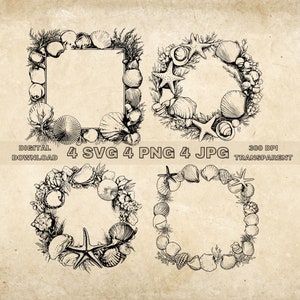 Puede incluir: Cuatro ilustraciones en blanco y negro de coronas de conchas marinas. Cada corona está hecha de varias conchas, estrellas de mar y algas marinas. Las coronas son perfectas para agregar un toque náutico a tus diseños.