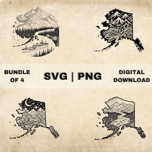 Alaska SVG Bundle, Alaska State Clipart, Hand Drawn Nature Theme Vector Illustration, PNG Files For Laser Engraving & Craft