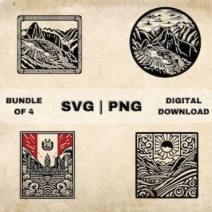 Bundle in formato SVG del Perù, clipart della bandiera peruviana, arte di Lima Perù, illustrazione vettoriale a tema della scena di Machu Picchu, file PNG per incisione laser e artigianato