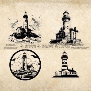 Pacchetto SVG faro, PNG, Clipart faro, Illustrazione grafica vettoriale disegnata a mano, File SVG per incisione laser