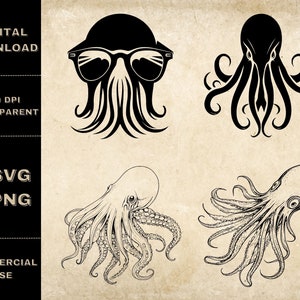 Squid SVG Bundle, PNG, Sea Animal Clipart, Hand Drawn Squid Vector Illustration, SVG Files For Laser Engraving