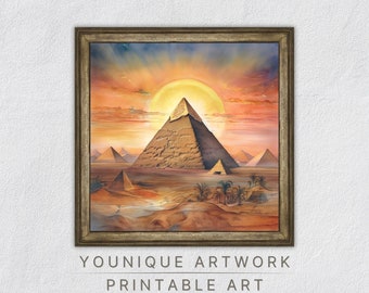Impresión de Egipto, arte imprimible de acuarela de pirámides, decoración de pintura de pirámide para sala de estar, arte de pared de Egipto, descarga digital