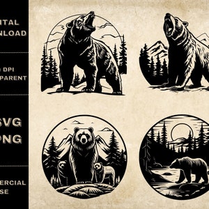 Beer en bergen SVG bundel, PNG, Bear Forest clipart, hand getrokken familie Bear vectorillustratie, SVG-bestanden voor lasergravure