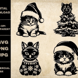 Noël chat SVG Bundle, PNG, Clipart sur le thème de Noël, Illustration vectorielle de chats dessinés à la main, fichiers SVG pour la gravure au Laser
