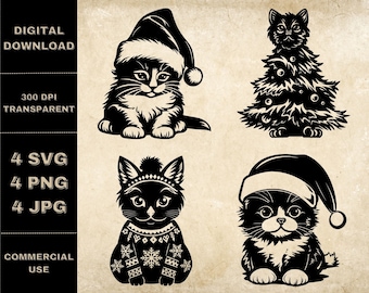 Christmas Cat SVG Bundle, PNG, Xmas Themed Clipart, Hand Drawn Cats Vector Illustration, SVG Files For Laser Engraving