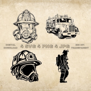 Firefighter SVG Bundle, PNG, Fire Truck And Helmet Clipart, Hand Drawn Fireman Vector Illustration, SVG Files For Laser Engraving