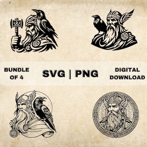 Odin SVG Bundle, Viking Clipart, Hand Drawn Scandinavian Norse Mythology Theme Vector Illustration, PNG Files For Laser Engraving & Craft