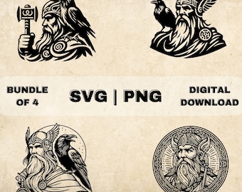 Odin SVG Bundle, Viking Clipart, Hand Drawn Scandinavian Norse Mythology Theme Vector Illustration, PNG Files For Laser Engraving & Craft