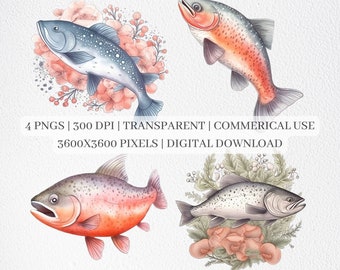 Salmon Clipart, Salmon PNG Files For Sublimation, Salmon Fish Clip Art, Fish Prints, Printable Wall Art, Commercial Use