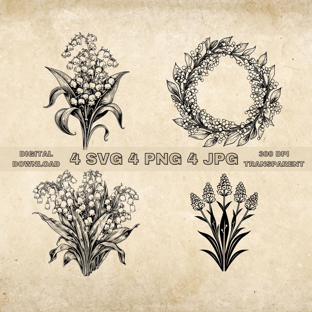 Lily of the Valley SVG Bundle, PNG, Floral Clipart, Hand Drawn Flowers