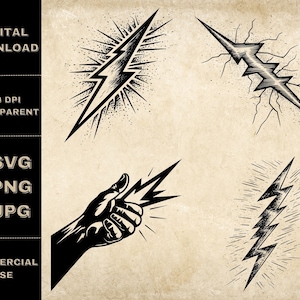 Lightning SVG Bundle, PNG, Flash Clipart, Hand Drawn Lightning Strike Vector Illustration, SVG Files For Laser Engraving