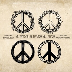 Peace Sign SVG Bundle, PNG, Peace Symbol Clipart, Hand Drawn Peace Sign With Flowers Vector Illustration, SVG Files For Laser Engraving