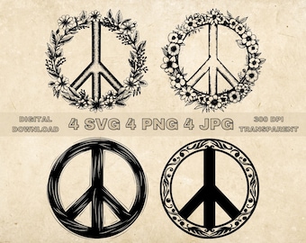 Peace Sign SVG Bundle, PNG, Peace Symbol Clipart, Hand Drawn Peace Sign With Flowers Vector Illustration, SVG Files For Laser Engraving