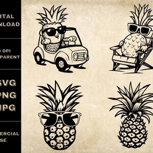 Pineapple SVG Bundle, PNG, Funny Summer Clipart, Hand Drawn Cute Pineapple Sunglasses Vector Illustration, SVG Files For Laser Engraving
