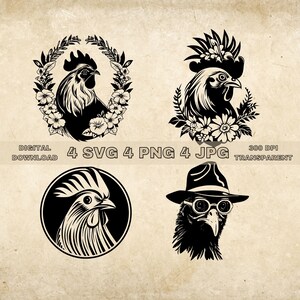 Chicken SVG Bundle, PNG, Farmhouse Clipart, Hand Drawn Chickens Vector Illustration, SVG Files For Laser Engraving