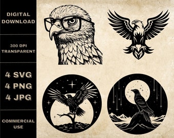 Hawk SVG Bundle, PNG, Hawk Clipart, Hand Drawn Hawk Vector Illustration, SVG Files For Laser Engraving