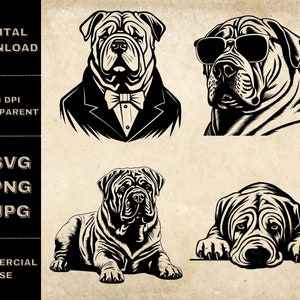 Shar Pei SVG Bundle, PNG, niedliche Hunde Clipart, handgezeichnete spähende Hund Vektor Illustration, SVG-Dateien für Lasergravur