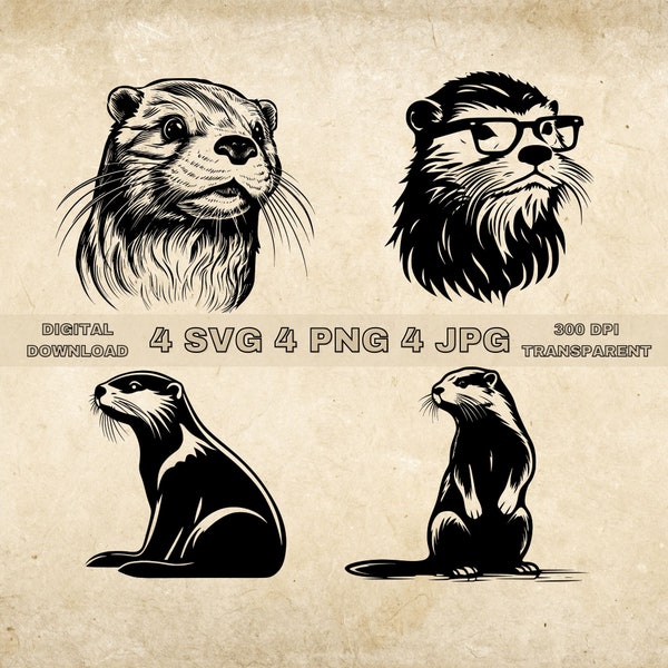 Otter SVG Bundle, PNG, Woodland Clipart, Hand Drawn Otters Vector Illustration, SVG Files For Laser Engraving