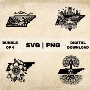 Tennessee State SVG Bundle, Tennessee Clipart, Nashville Skyline, Flower Roots Theme Vector Art, PNG Files For Laser Engraving & Craft