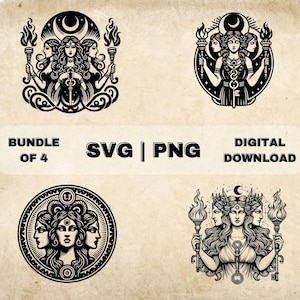 May include: A set of four black and white digital illustrations featuring a three-faced goddess holding a key and torches. The goddess is surrounded by a crescent moon and stars. The text "Bundle of 4" and "SVG | PNG" are visible at the bottom of the image.
