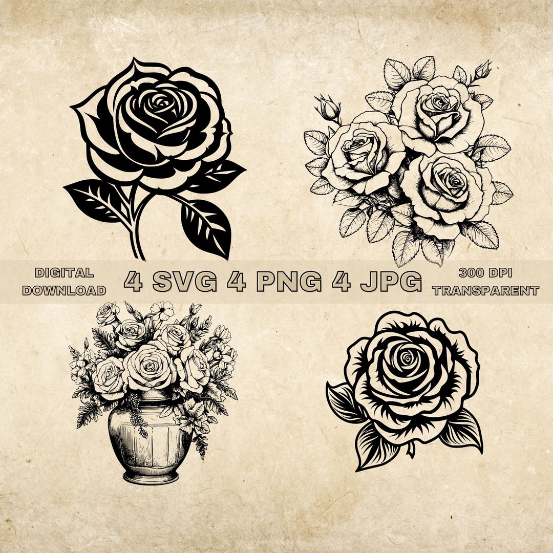 Rose SVG Bundle, PNG, Rose Flower Clipart Cut Files, Floral Botanical