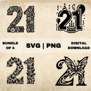 Nummer 21 SVG-bundel, 21e verjaardag clipart, hand getrokken eenentwintig thema vectorillustratie, SVG-bestanden voor lasergravure & ambacht