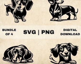 Paquete Dachshund SVG, Doxie Clipart, ilustración vectorial de tema de perro dibujado a mano, archivos SVG para grabado láser y artesanía