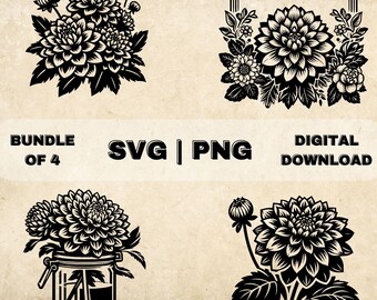 Dahlien SVG Bundle, Dahlien Blumen Clipart, handgezeichnete Blumen Thema Vektor Illustration, SVG-Dateien für Lasergravur & Handwerk