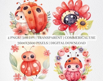 Cute Ladybug Clipart, Lady Bug PNG Files For Sublimation, Ladybug Clip Art, Floral Prints, Printable Wall Art, Commercial Use