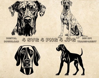 Paquete SVG de gran danés, PNG, imágenes prediseñadas de perros lindos, ilustración de vectores de perros dibujados a mano, archivos SVG para grabado láser