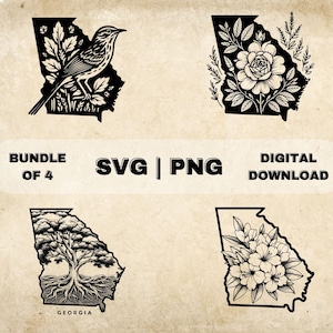 Georgia State SVG Bundle, Georgia Clipart, Hand Drawn Flower, Bird, Oak Tree Theme Vector, PNG Files For Laser Engraving & Craft