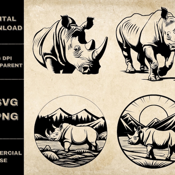 Rhinoceros SVG Bundle, PNG, Rhino Clipart, Hand Drawn Rhinoceros Vector Illustration, SVG Files For Laser Engraving