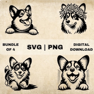 コーギー SVG バンドル、覗き見する犬のクリップアート、手描きの犬をテーマにしたベクターイラスト、レーザー彫刻と工芸用の SVG ファイル