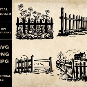 Zaun SVG Bundle, PNG, Blumen Zaun Clipart, handgezeichnete Bauernhof Zaun Vektor Illustration, SVG-Dateien für die Lasergravur