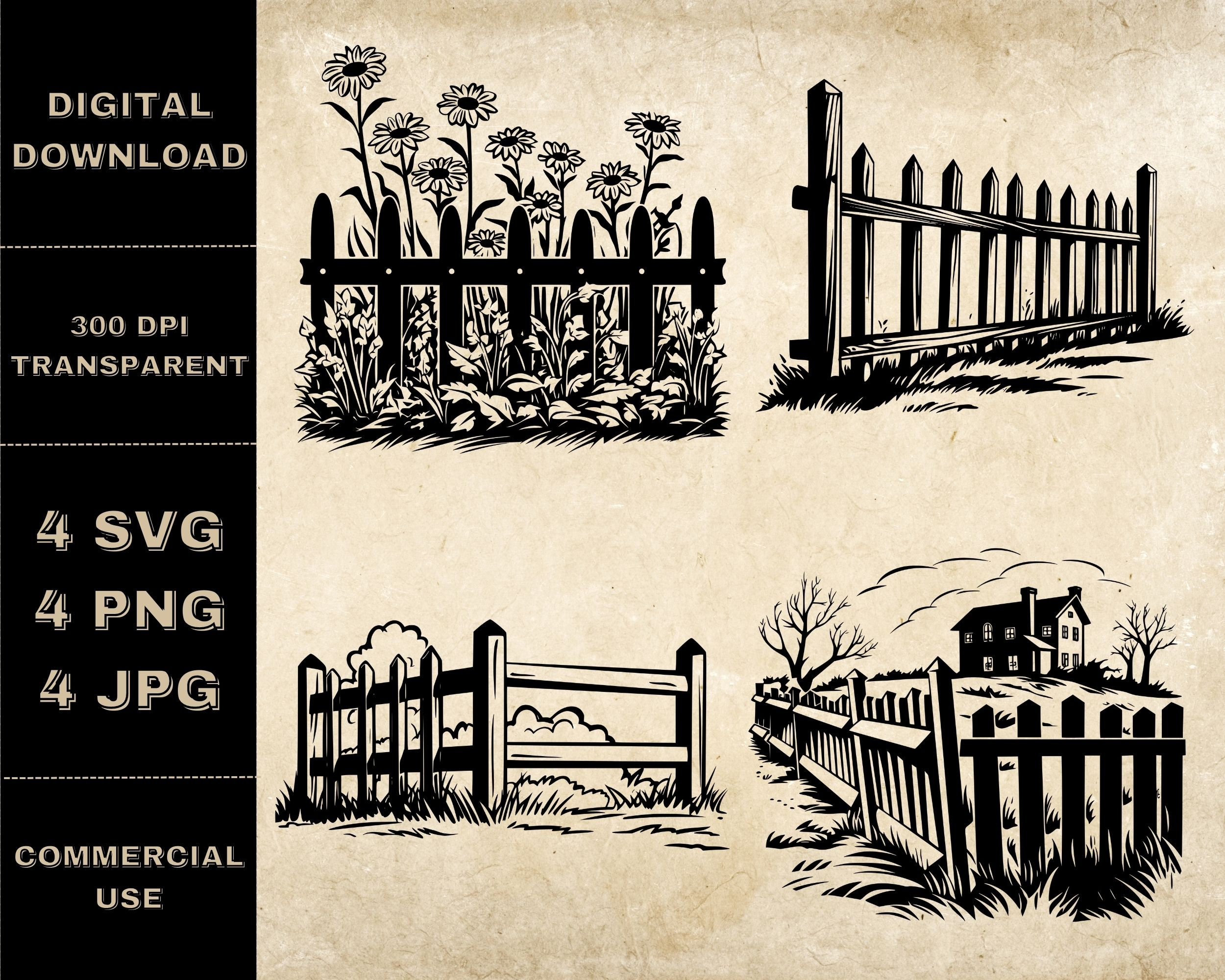 Fence Svg Bundle, PNG, Floral Fence Clipart, Hand Drawn Farm Fence