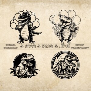 Dinosaur SVG Bundle, PNG, Dinosaurs And Balloons Clipart, Hand Drawn T-Rex Vector Illustration, SVG Files For Laser Engraving