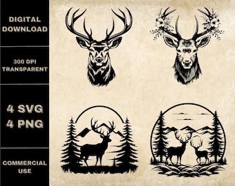 Elk SVG Bundle, PNG, Nature Scene Animal Clipart, Hand Drawn Elks Vector Illustration, SVG Files For Laser Engraving