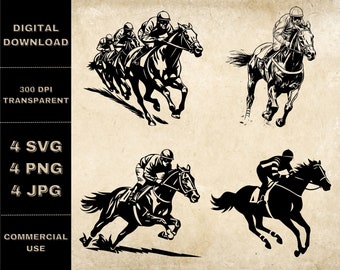 Pferderennen SVG Bundle, PNG, Pferd Reiten Clipart, handgezeichnete Rennpferd Vektor Illustration, SVG-Dateien für die Lasergravur
