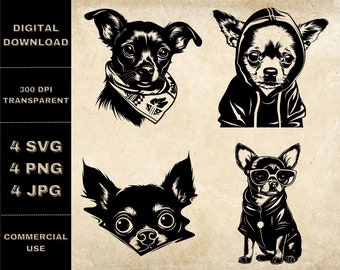 Paquete SVG de Chihuahua, PNG, imágenes prediseñadas de perro divertido, ilustración vectorial de perro asomándose a mano, archivos SVG para grabado láser
