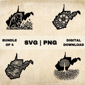 West Virginia State SVG Bundle, West Virginia Clipart, WV State, Flower, Roots Art Theme Vector, PNG Files For Laser Engraving & Craft
