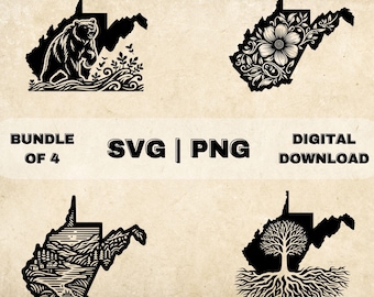 Pode incluir: Um pacote de download digital de quatro arquivos SVG e PNG com diferentes designs do estado da Virgínia Ocidental. Os designs incluem um urso, uma flor, uma paisagem montanhosa e uma árvore com raízes.