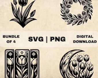 Tulpen SVG Bundle, Tulpen Blumen Clipart, handgezeichnete Blumen Thema Vektor Illustration, SVG-Dateien für Lasergravur & Handwerk