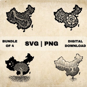 China Karte SVG-Bundle, China Clipart, handgezeichnete Chinesische Mauer, Blumen-Thema Vektor-Illustration, PNG-Dateien für die Lasergravur & das Basteln
