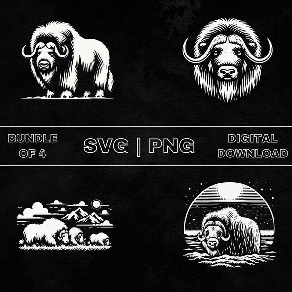 Musk Ox SVG Bundle, Ox Clipart, Hand Drawn Wild Animal Theme Vector Illustration, PNG Files For Laser Engraving & Craft