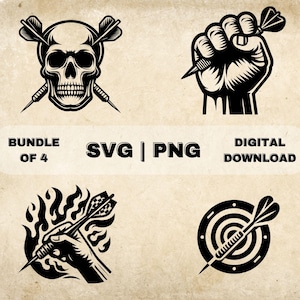 May include: A bundle of four black and white digital downloads featuring dart-themed illustrations. The illustrations include a skull with crossed darts, a fist holding a dart, a hand holding a dart with flames, and a dartboard with a dart in the center.