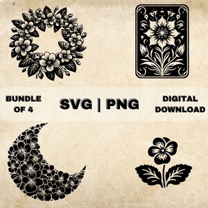 Paquete SVG violeta, imágenes prediseñadas de flores violetas, ilustración vectorial de tema floral dibujado a mano, archivos SVG para grabado láser y artesanía
