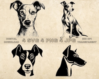 Könnte beinhalten: Vier Schwarzweiß-Digitalillustrationen eines Hundes. Der Hund ist in verschiedenen Posen dargestellt, darunter eine Kopfaufnahme, eine Ganzkörperaufnahme und ein Seitenprofil. Die Illustrationen eignen sich für den Einsatz in digitalen Projekten wie Website-Design, Social-Media-Grafiken und Print-on-Demand-Produkten.