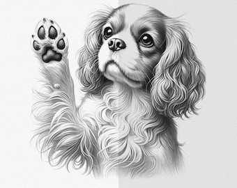 Cavalier King Charles Spaniel levantando la pata PNG Archivo de sublimación para camiseta y taza Dibujo de boceto Ilustración, Descarga digital